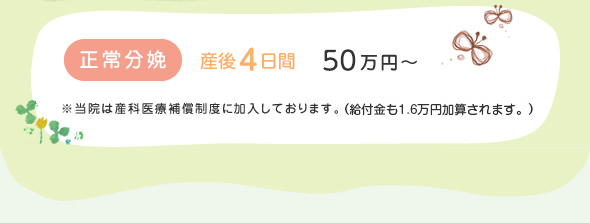 正常分娩　産後4日間　50万円　※当院は産科医療補償制度に加入しております。 （給付金も1.6万円加算されます。）